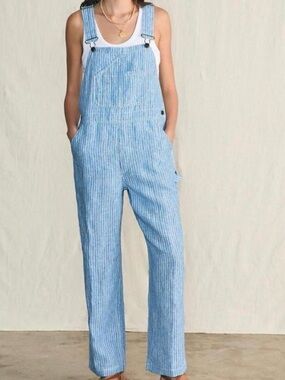 NWT Faherty Blue and White Striped Linen Wide-Leg Overalls Medium